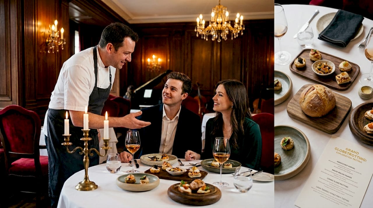 Chef discusses menu with couple in intimate setting