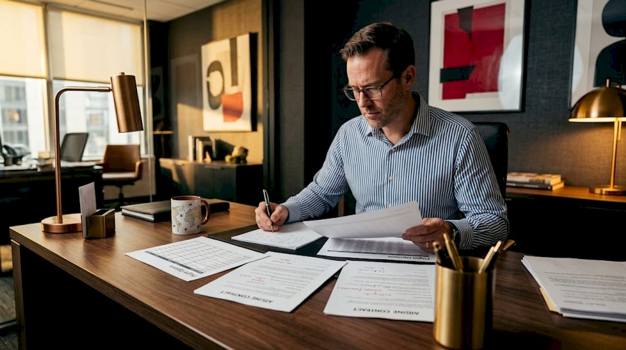 Event planner comparing group airfare options at desk