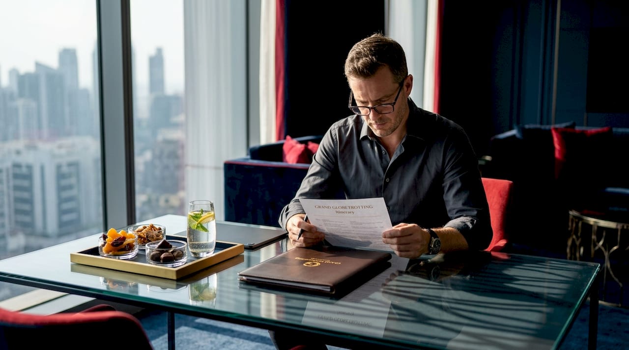 Businessman planning trip in hotel suite