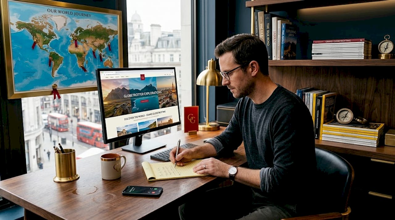 Man researching destinations at home office desk
