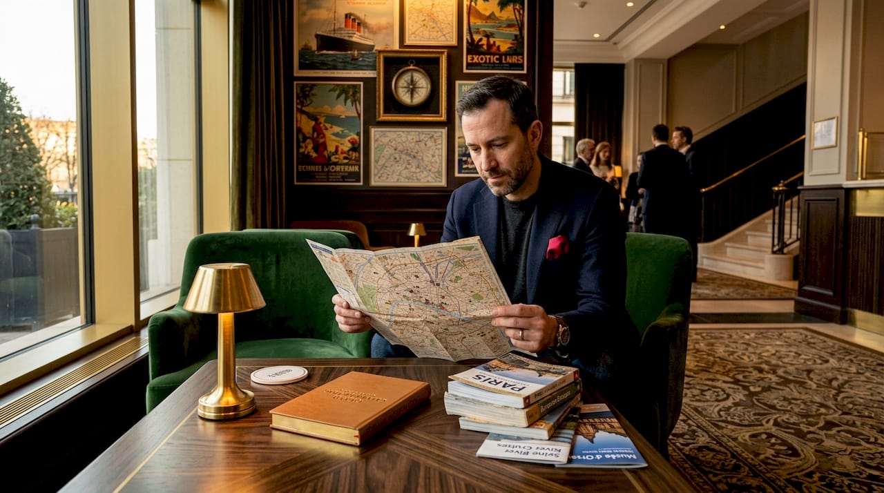 Hotel guest reading city map in cozy lobby