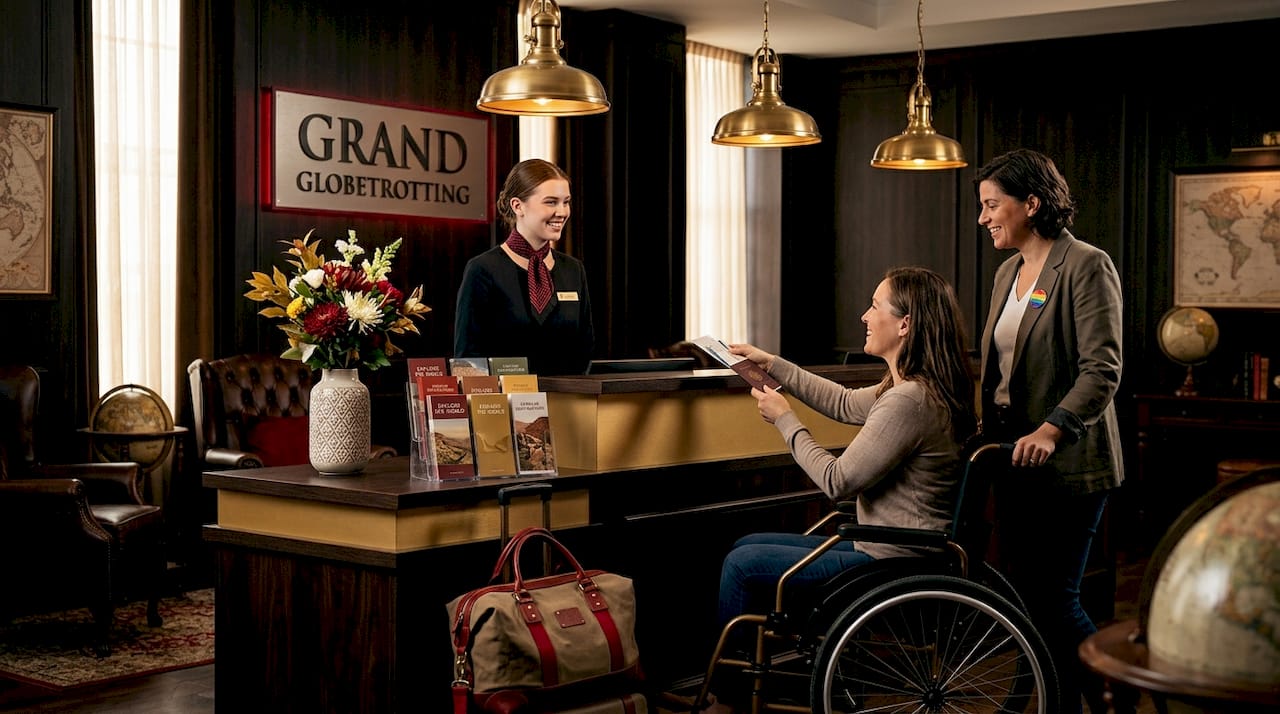 Hotel staff greeting traveler in wheelchair