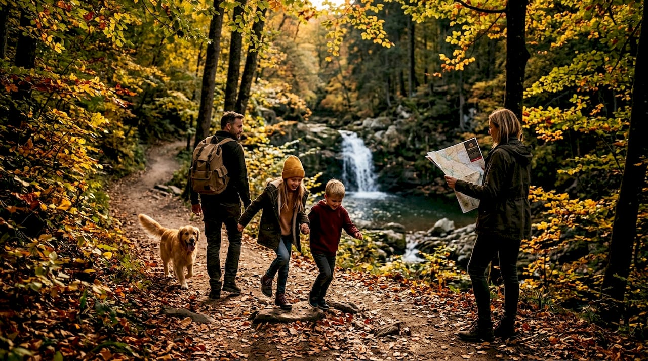 Family hiking toward forest waterfall scene