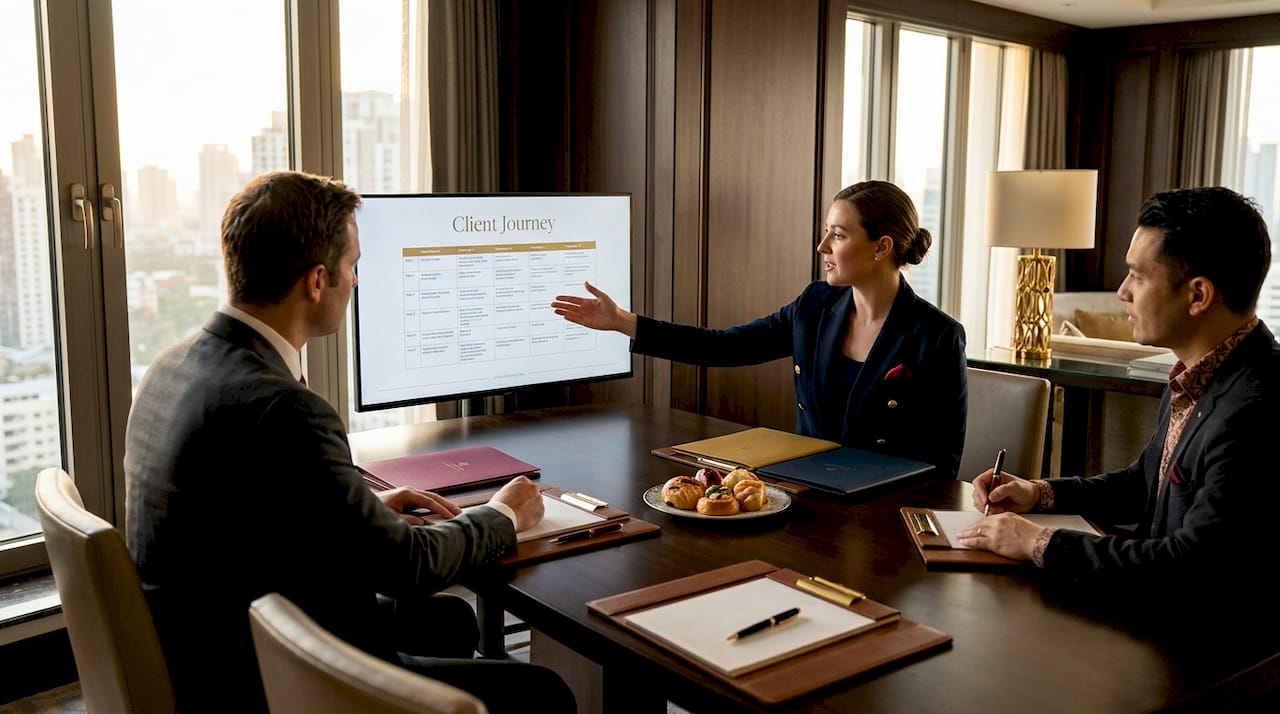 Team reviews travel itinerary in conference room