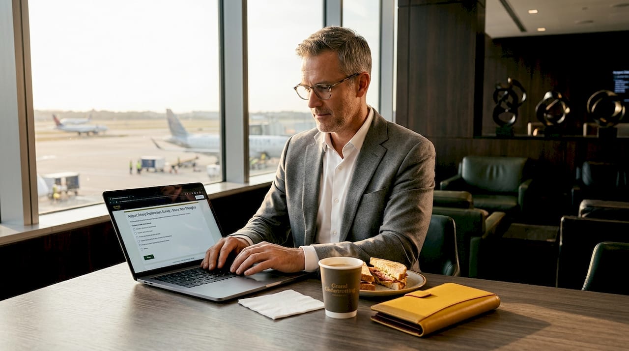 Business traveler completing dining survey in airport lounge