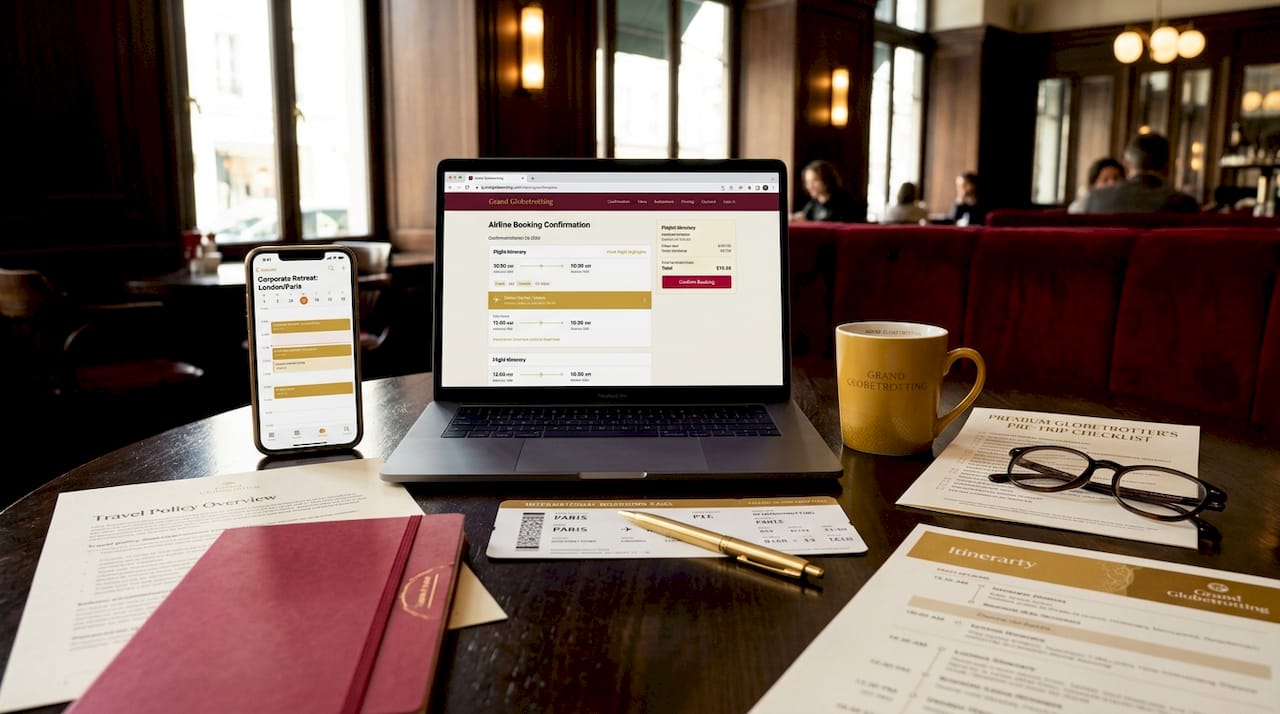 Travel planning documents on office desk