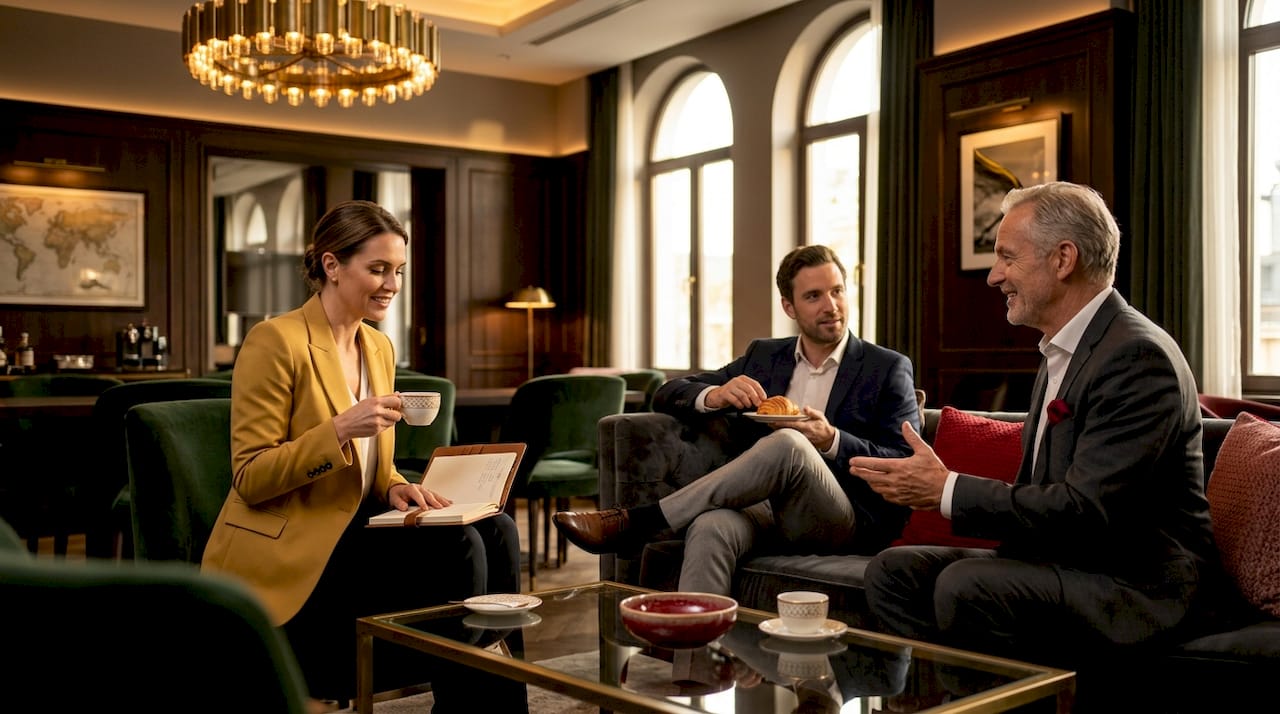 Executives networking during coffee break in lounge
