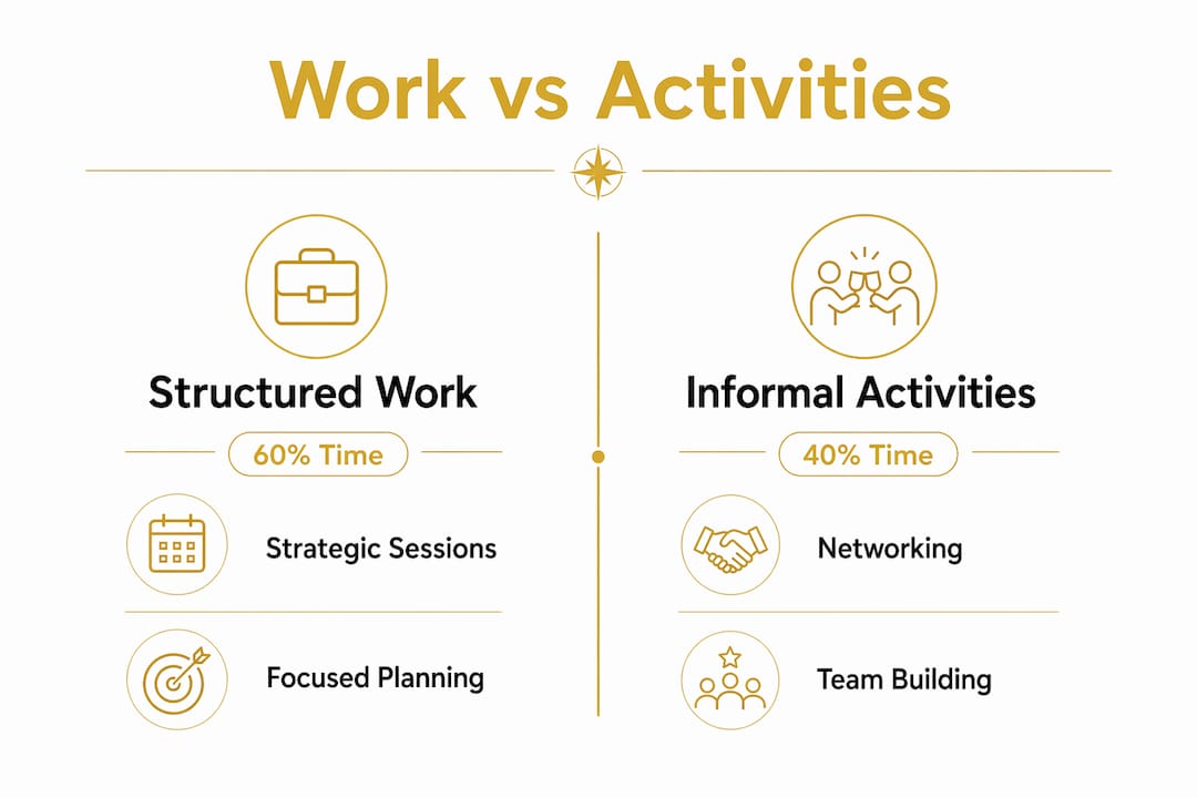 Infographic contrasting structured work time with informal activity time in executive travel