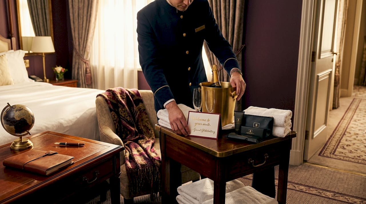 Hotel staff preparing amenities in luxury guest room