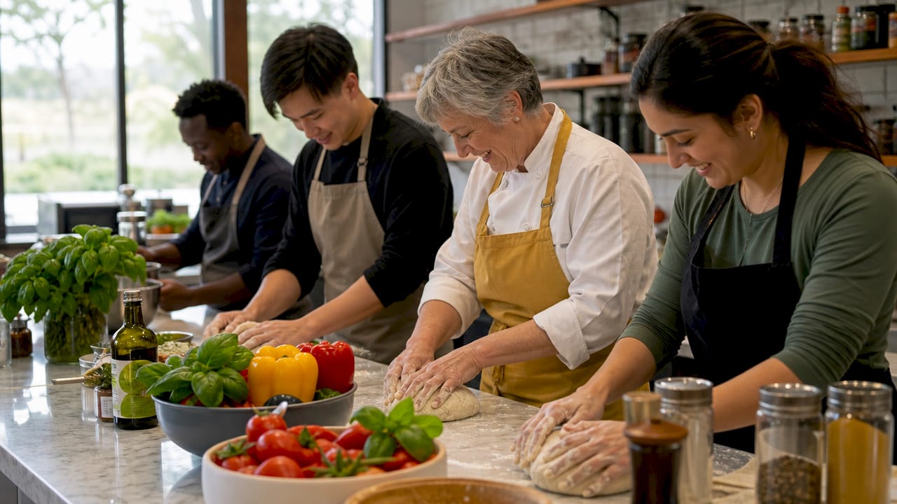 Hands kneading dough in cooking class
