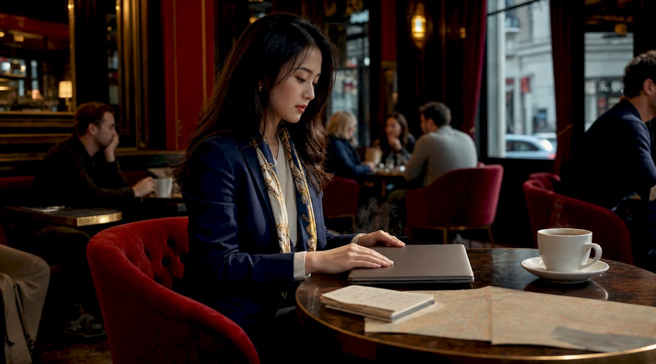 Businesswoman preparing travel booking documents