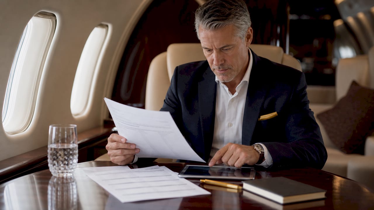 Overhead shot of businessman reviewing private jet quotes