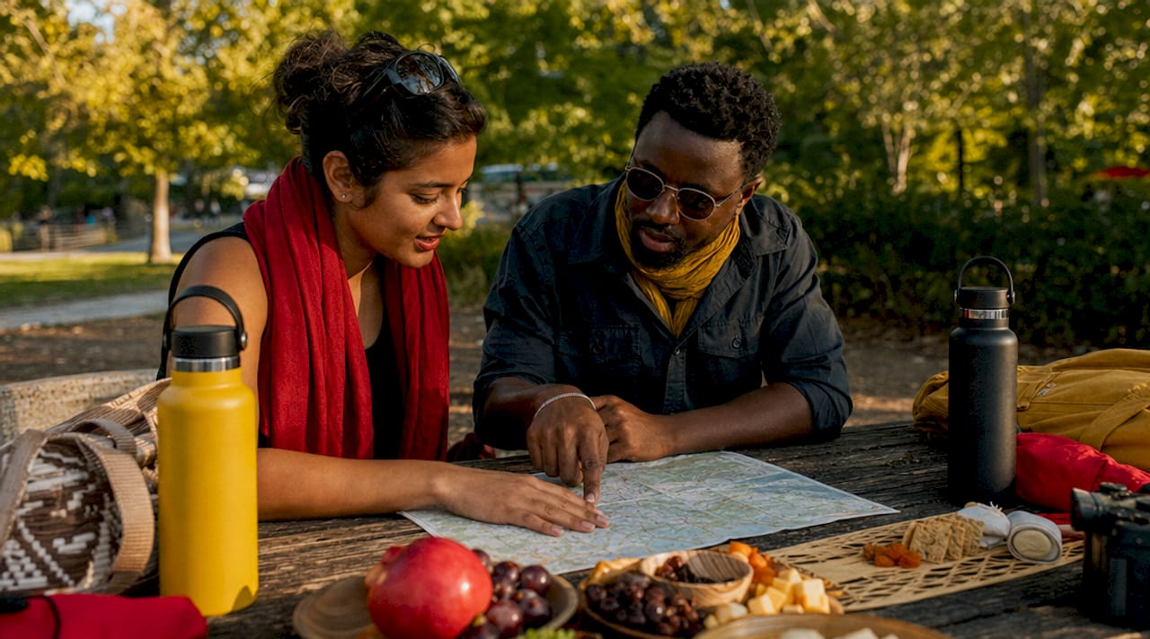Two people discussing group travel roles in outdoor café