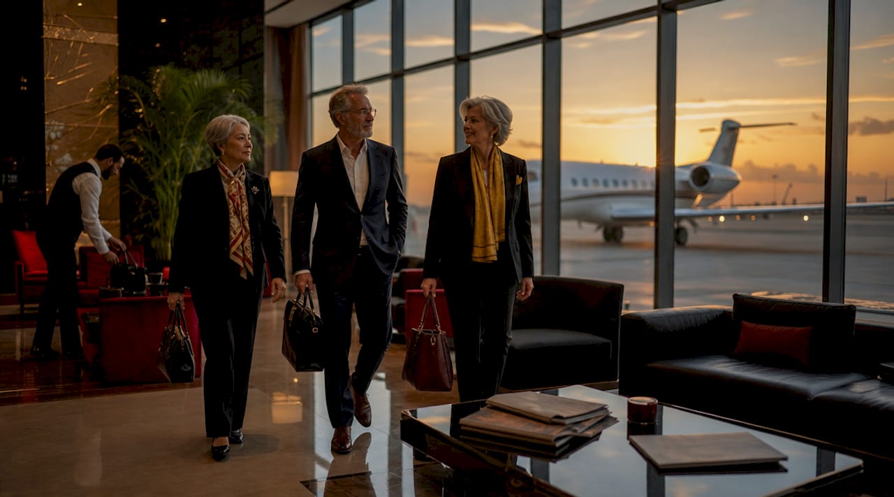 Executives approaching private jet at small airport
