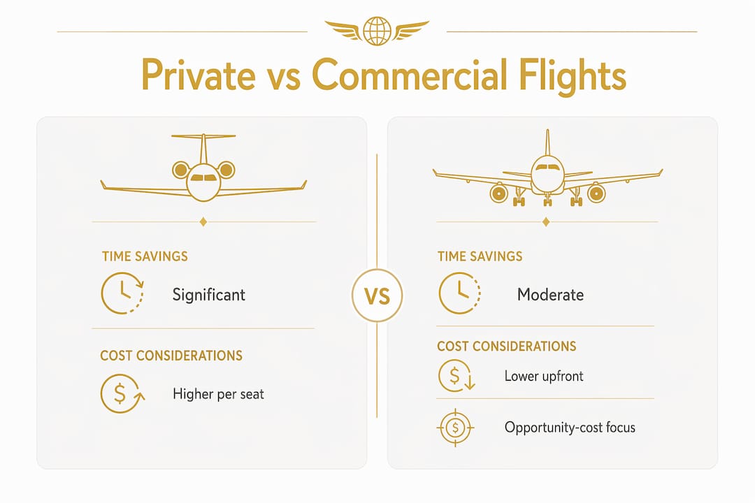 Infographic comparing private and commercial flights