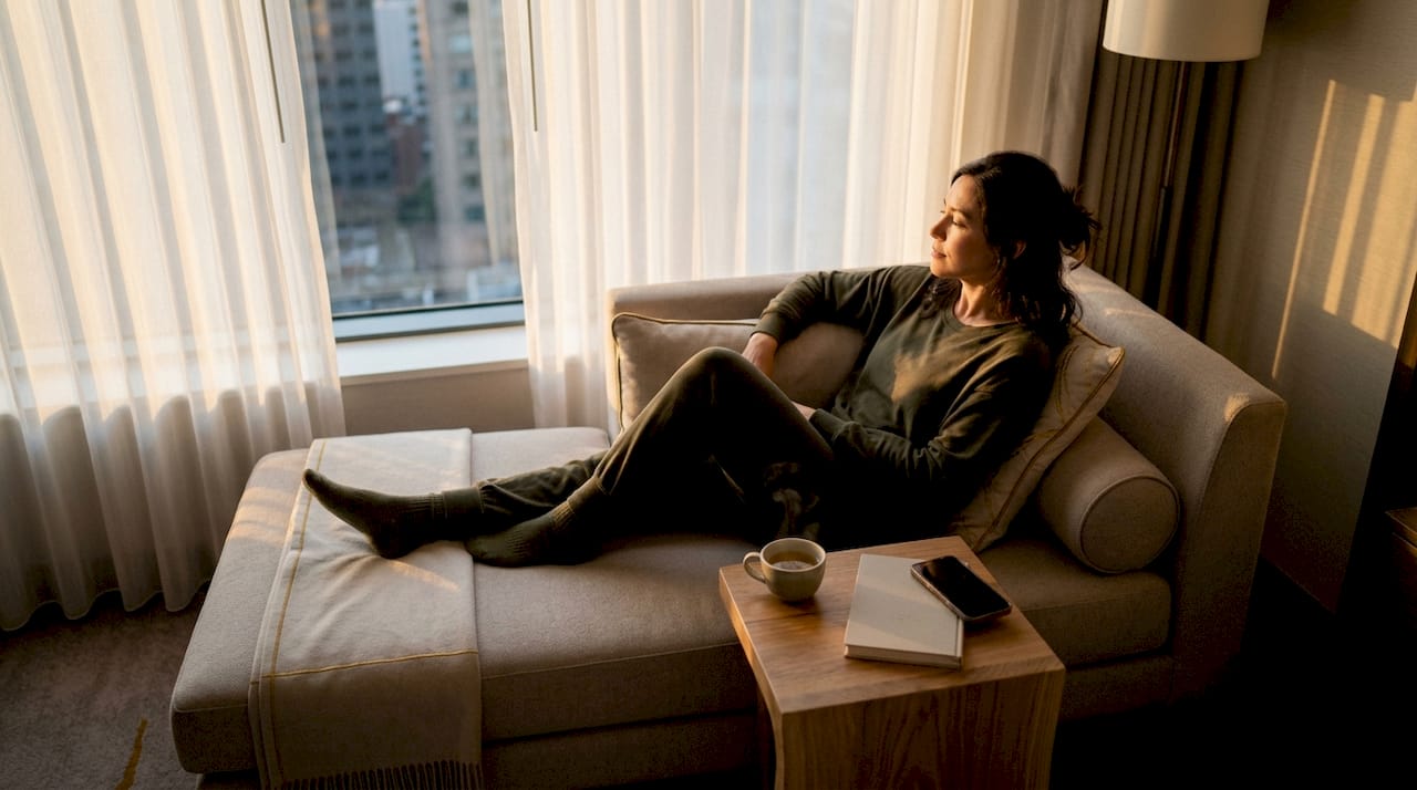 Traveler resting comfortably in hotel room
