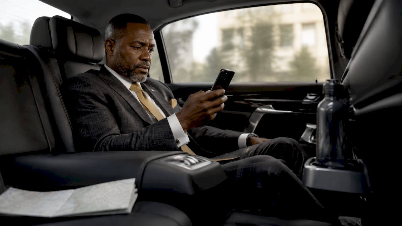 Businessman using phone inside private car