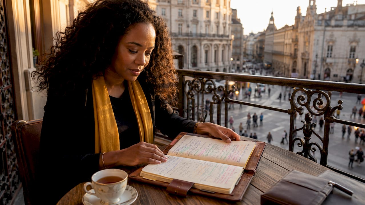 Travel insider creating detailed itinerary outdoors