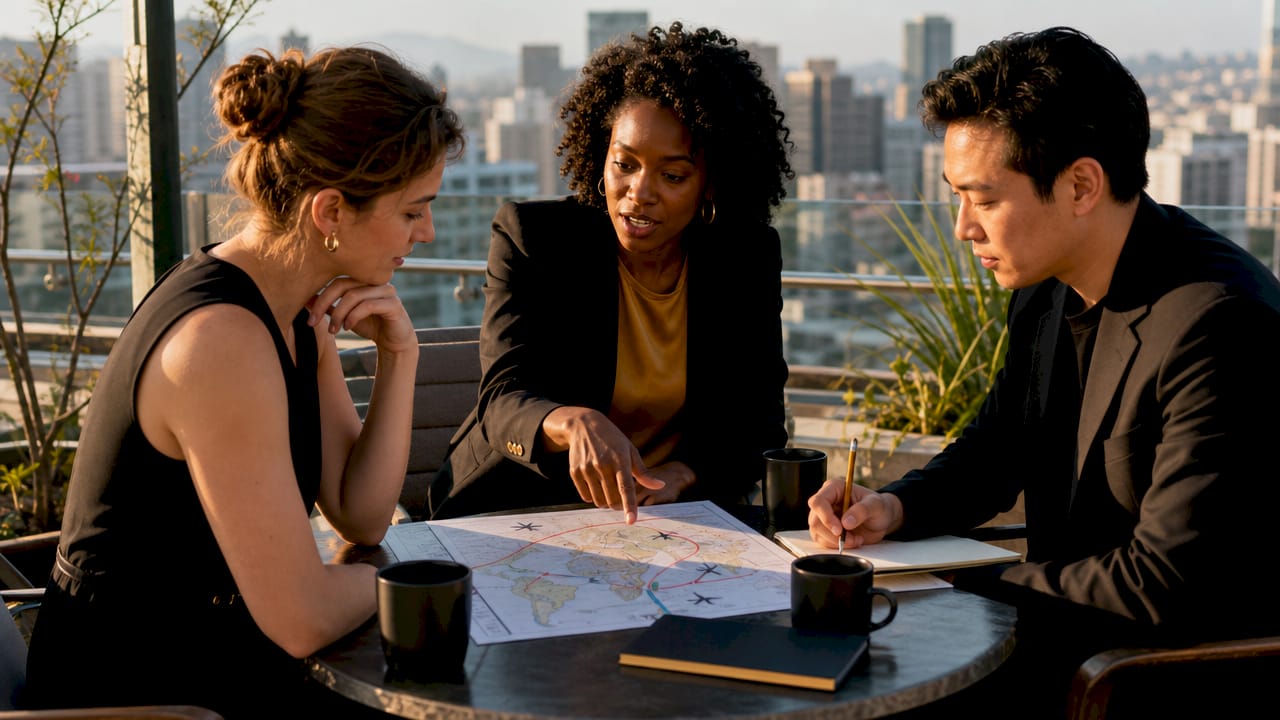 Team discussing private flight access options