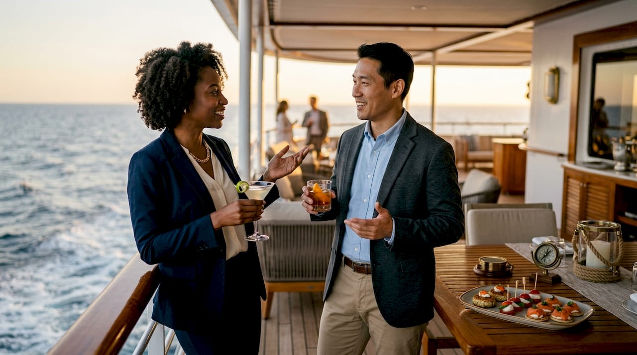 Businesspeople networking on yacht deck