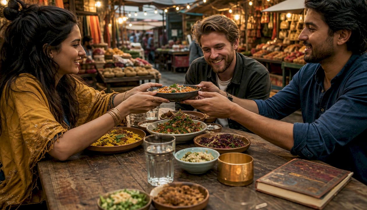 Travelers sharing local meal at rustic bistro table