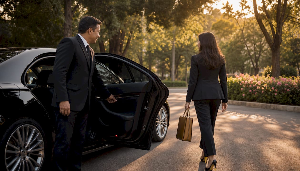 Chauffeur opening SUV door for passenger