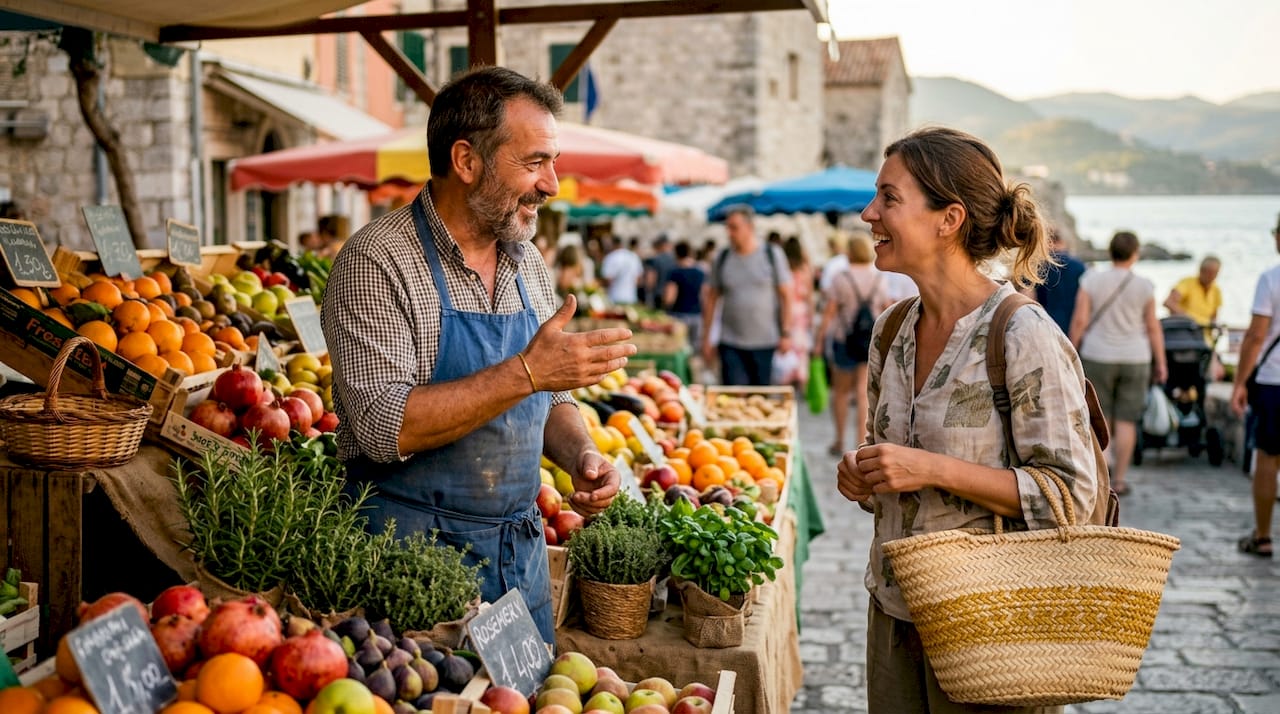 Tourist speaking with local food vendor