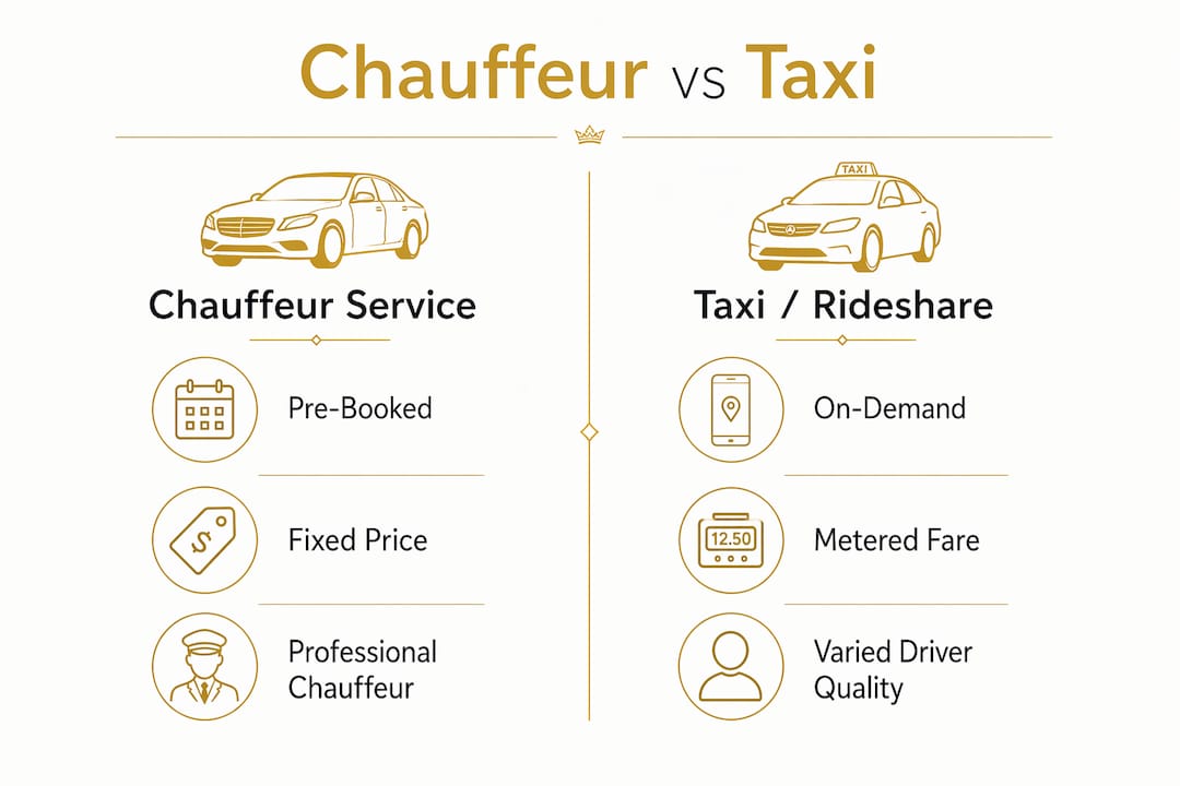 Comparison infographic of chauffeur service and taxi features