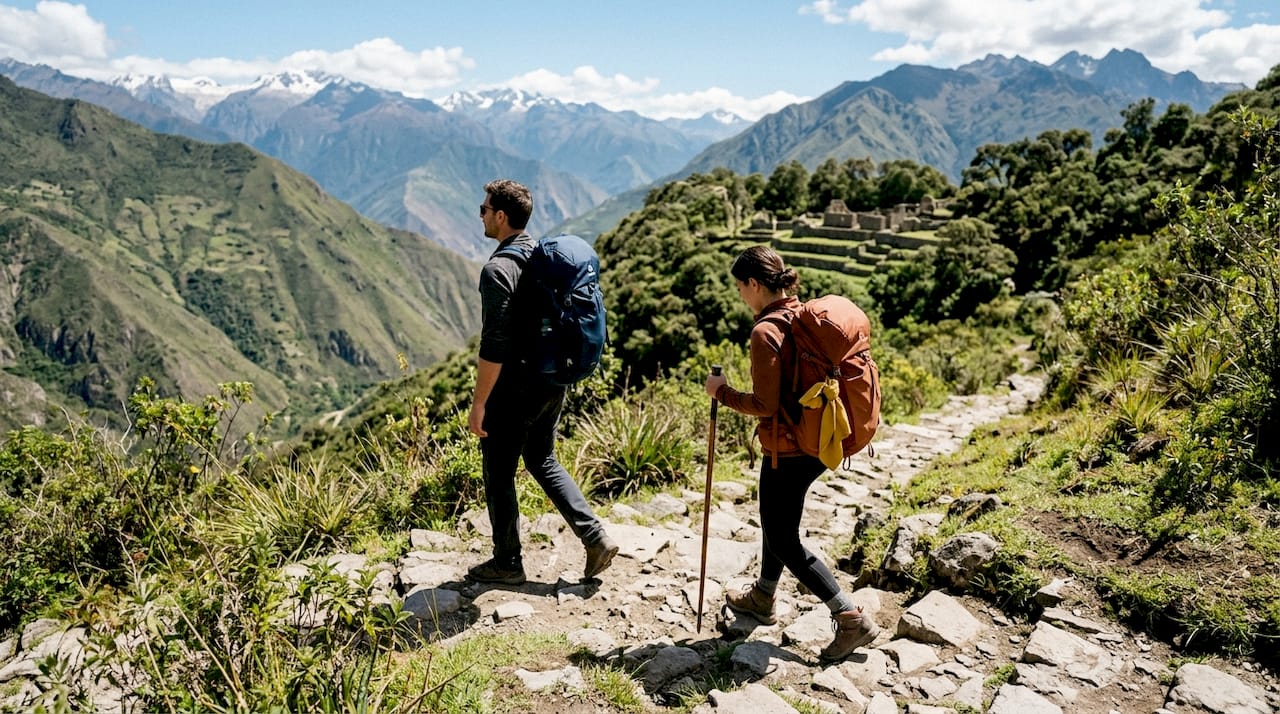 Couple trekking along Inca Trail in cloud forest