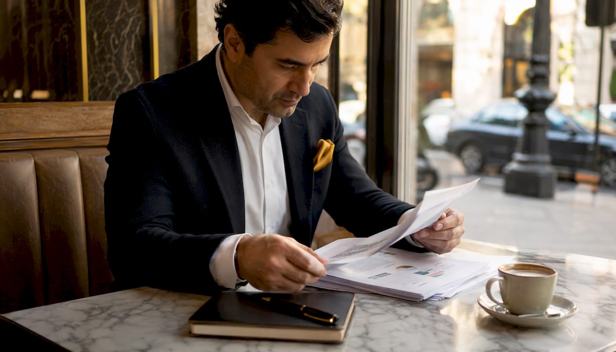 Man evaluating luxury dining reviews at desk
