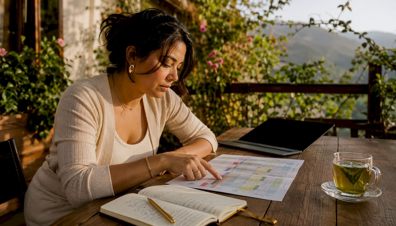 Woman reviewing luxury vendor evaluation matrix