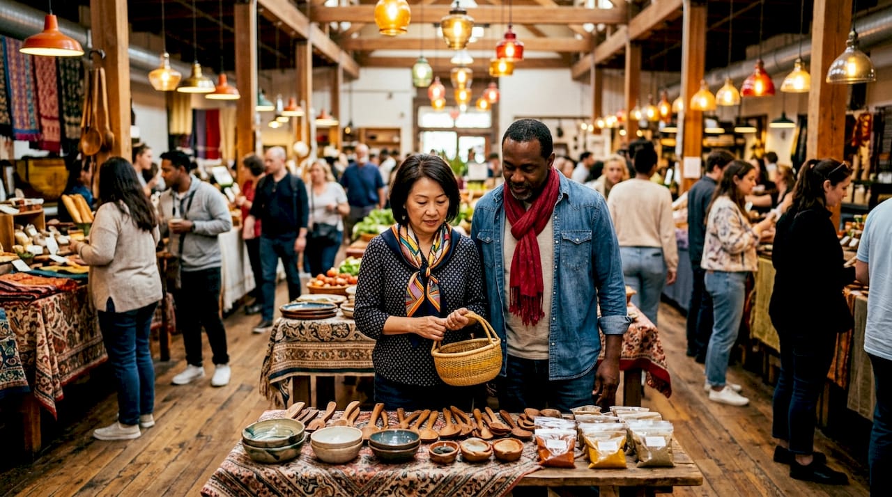 Couple exploring local market on post-wedding trip