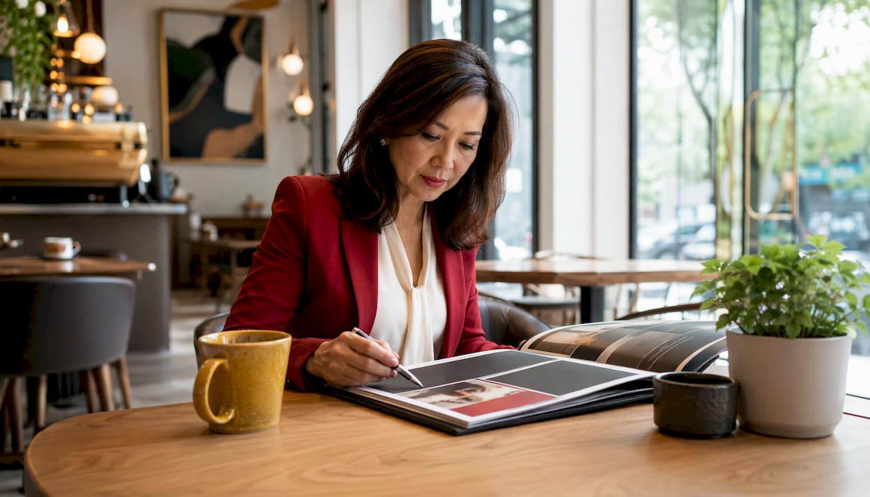 Consultant reviewing fine dining brand materials