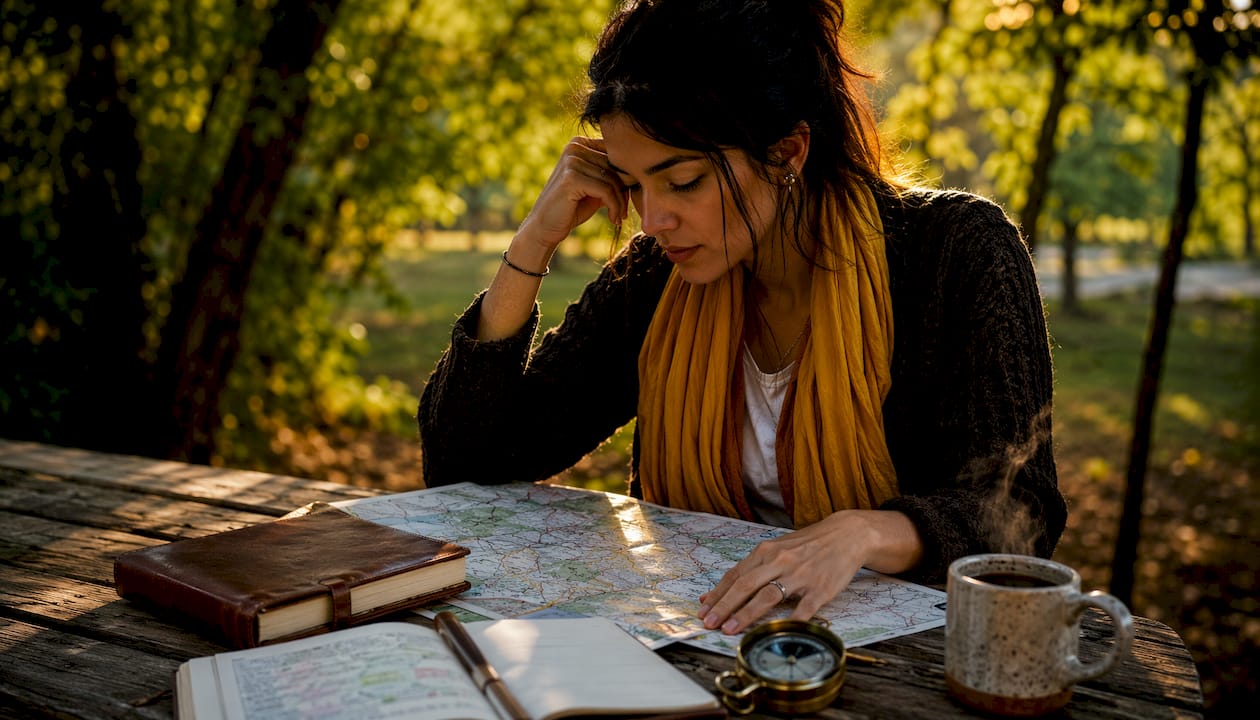 Overhead view of travel planning items on table