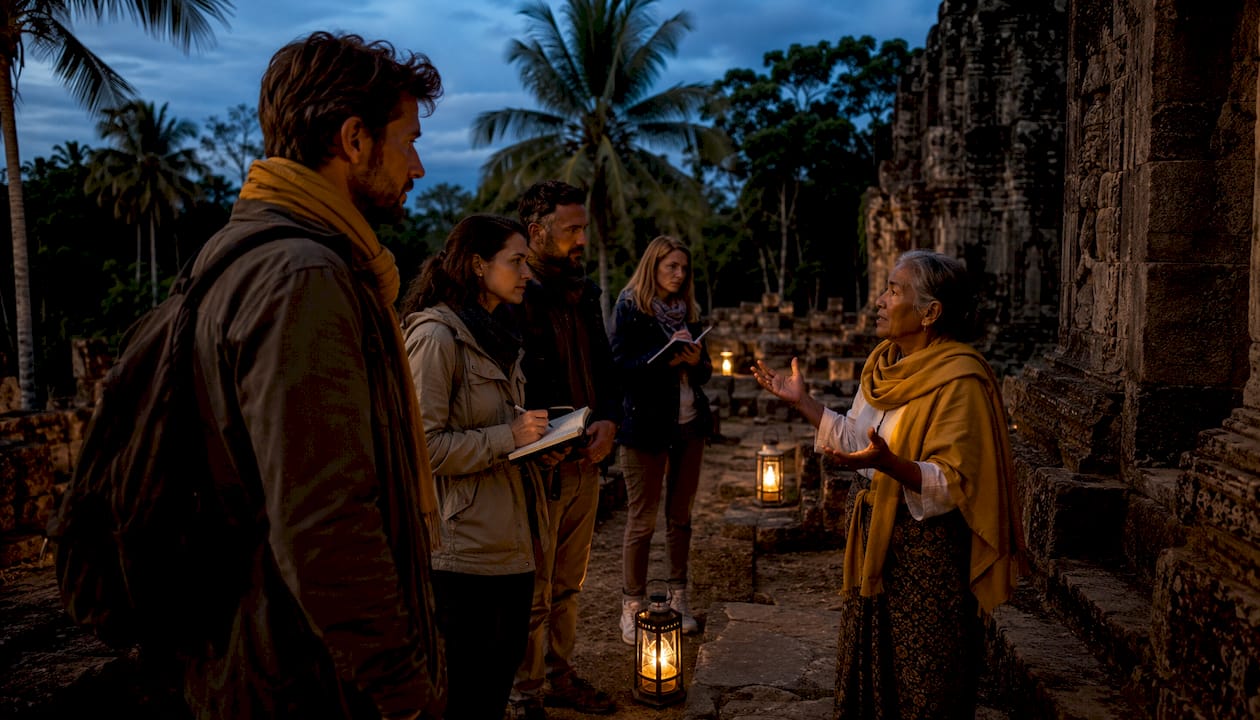 Travelers experiencing private heritage site at dawn