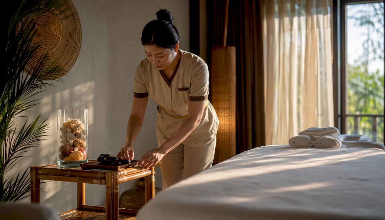 Spa therapist preparing massage room in tropical resort
