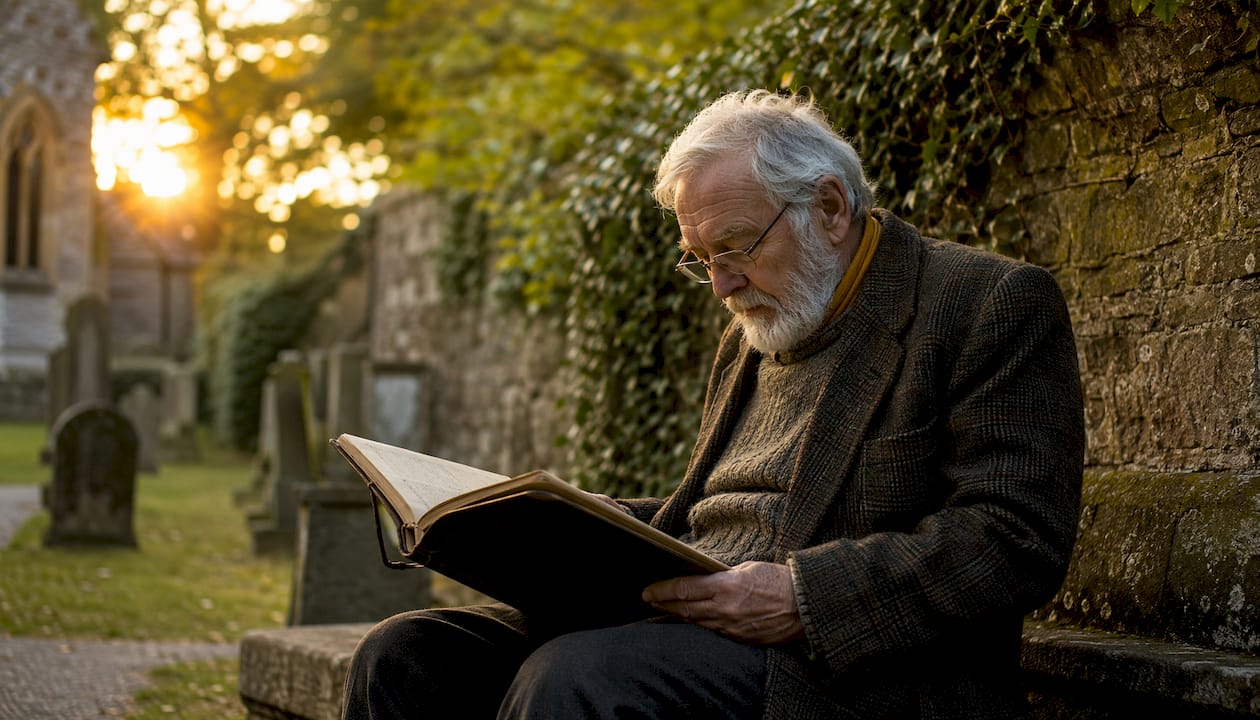 Elderly man reviewing parish church records