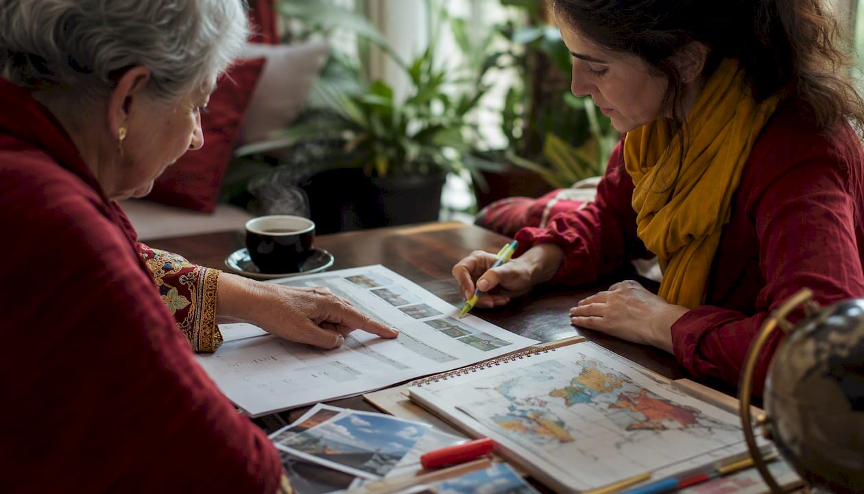 Hands coordinating shared travel itinerary
