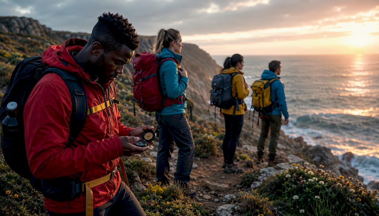 Hikers resting on forest trail mid-climb