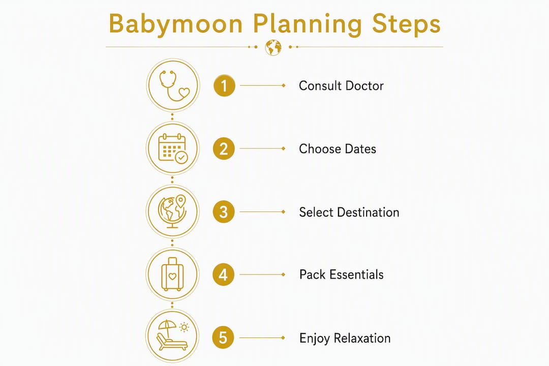 Infographic showing babymoon planning steps top to bottom