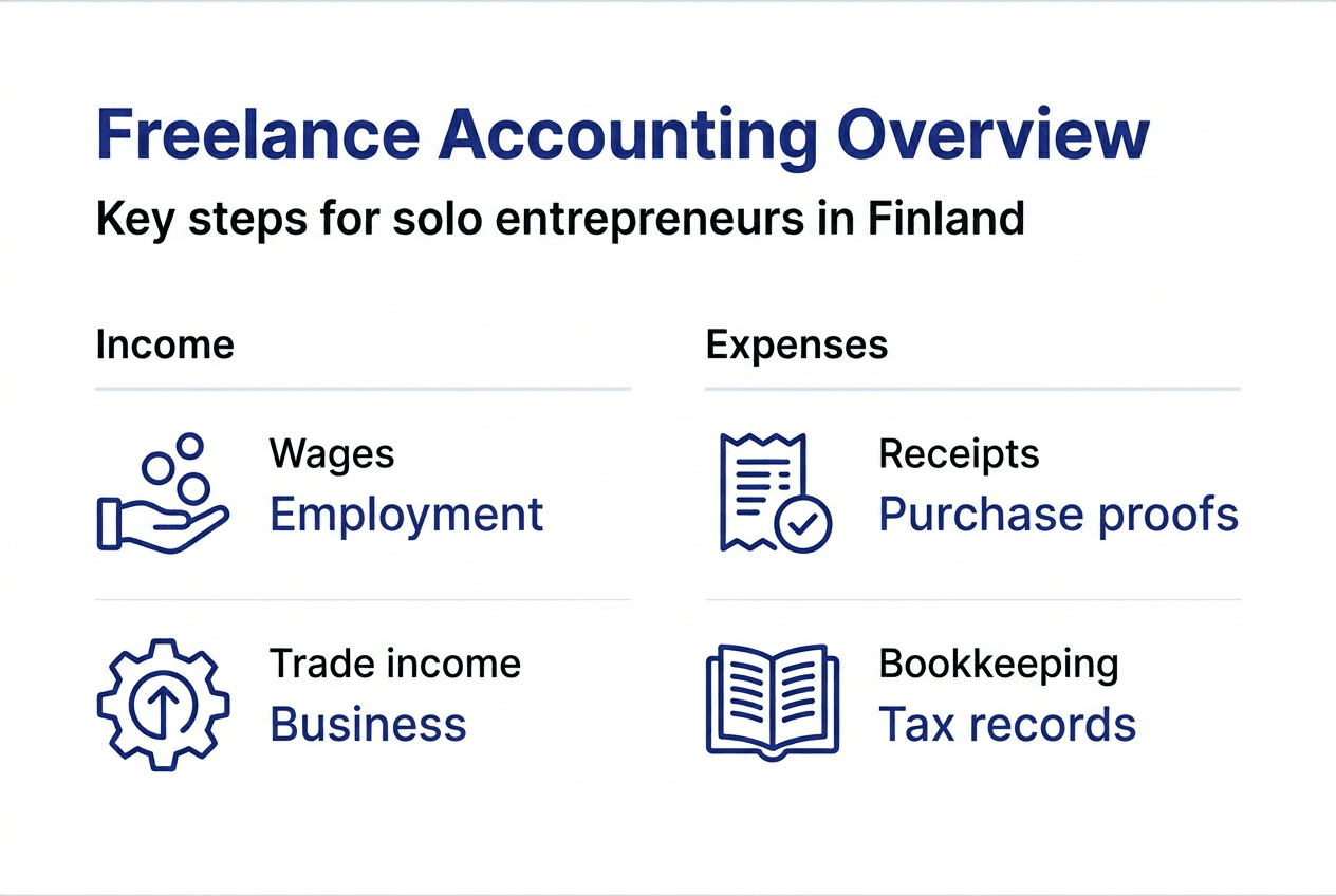Infographic outlining freelance accounting steps Finland