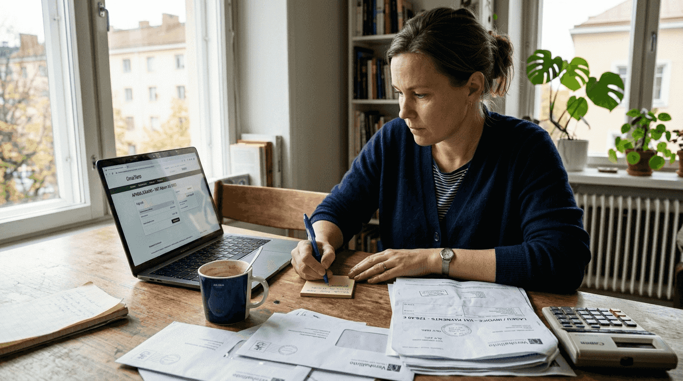 Woman reviewing VAT paperwork at kitchen table