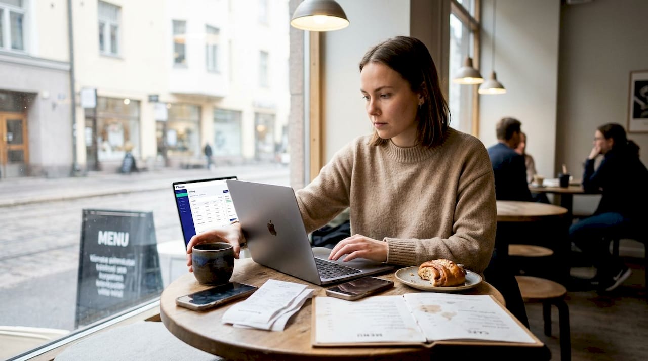 Freelancer does bookkeeping in Helsinki café