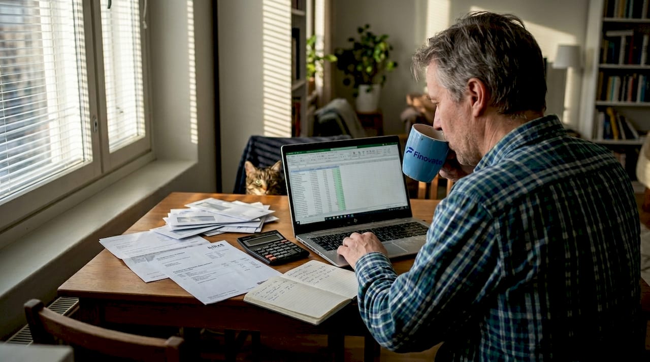 SME owner working on accounts with bills and laptop