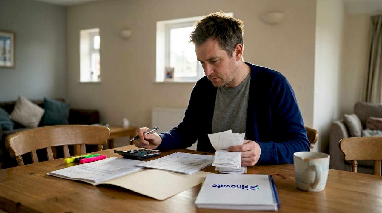 Bookkeeper reviewing papers at home table
