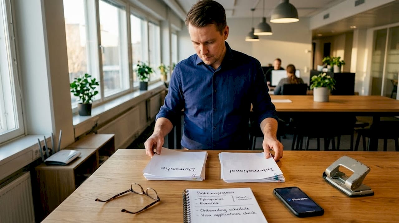 HR manager sorting cross-border employee payroll forms