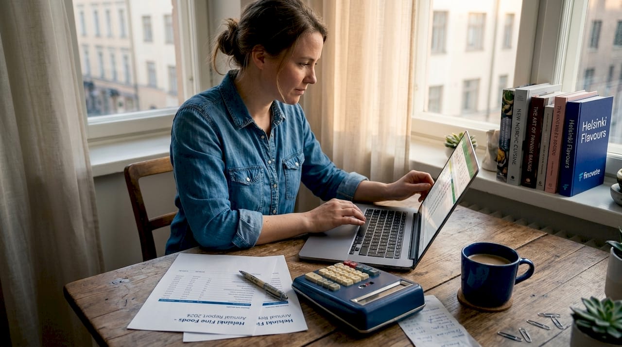 Business owner working on annual report at home