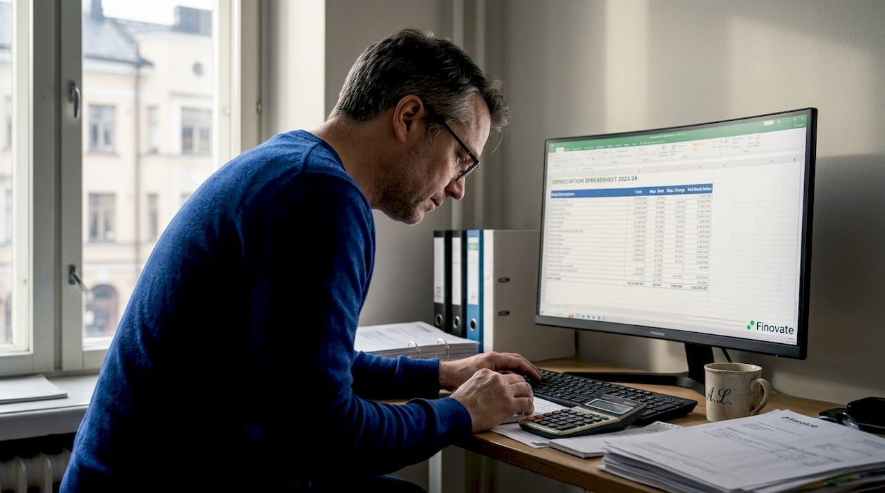 Business owner updating depreciation records at computer