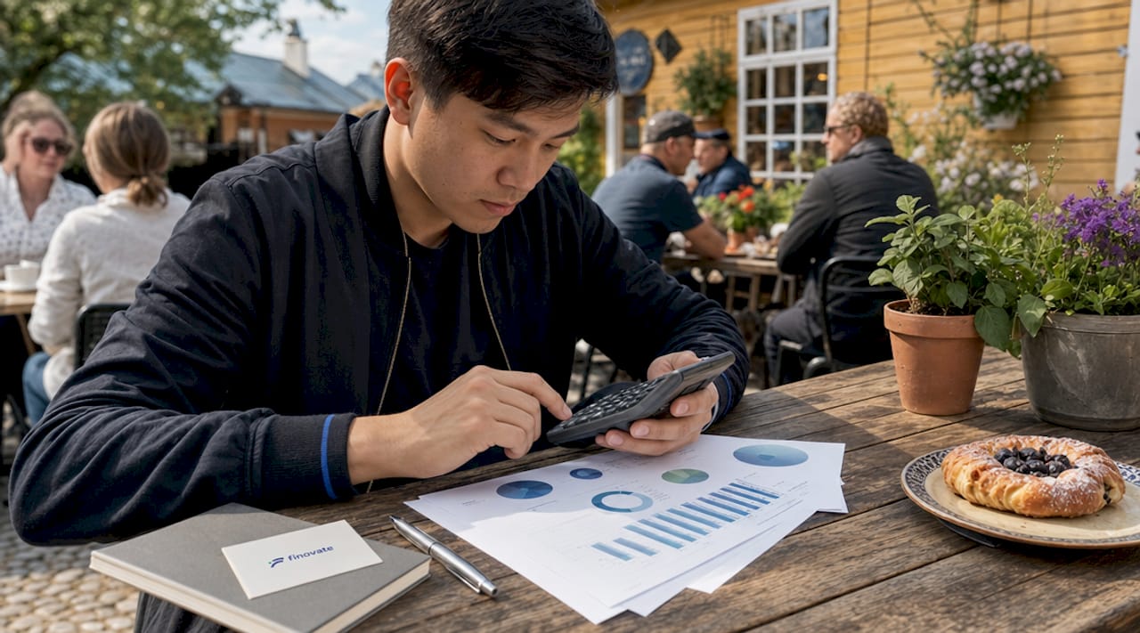 Hands calculating financial ratios at café table