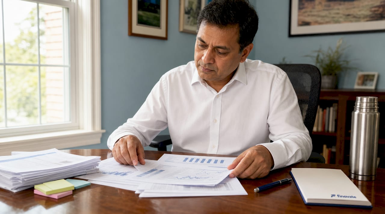 Accountant closely analyzing income statement paperwork